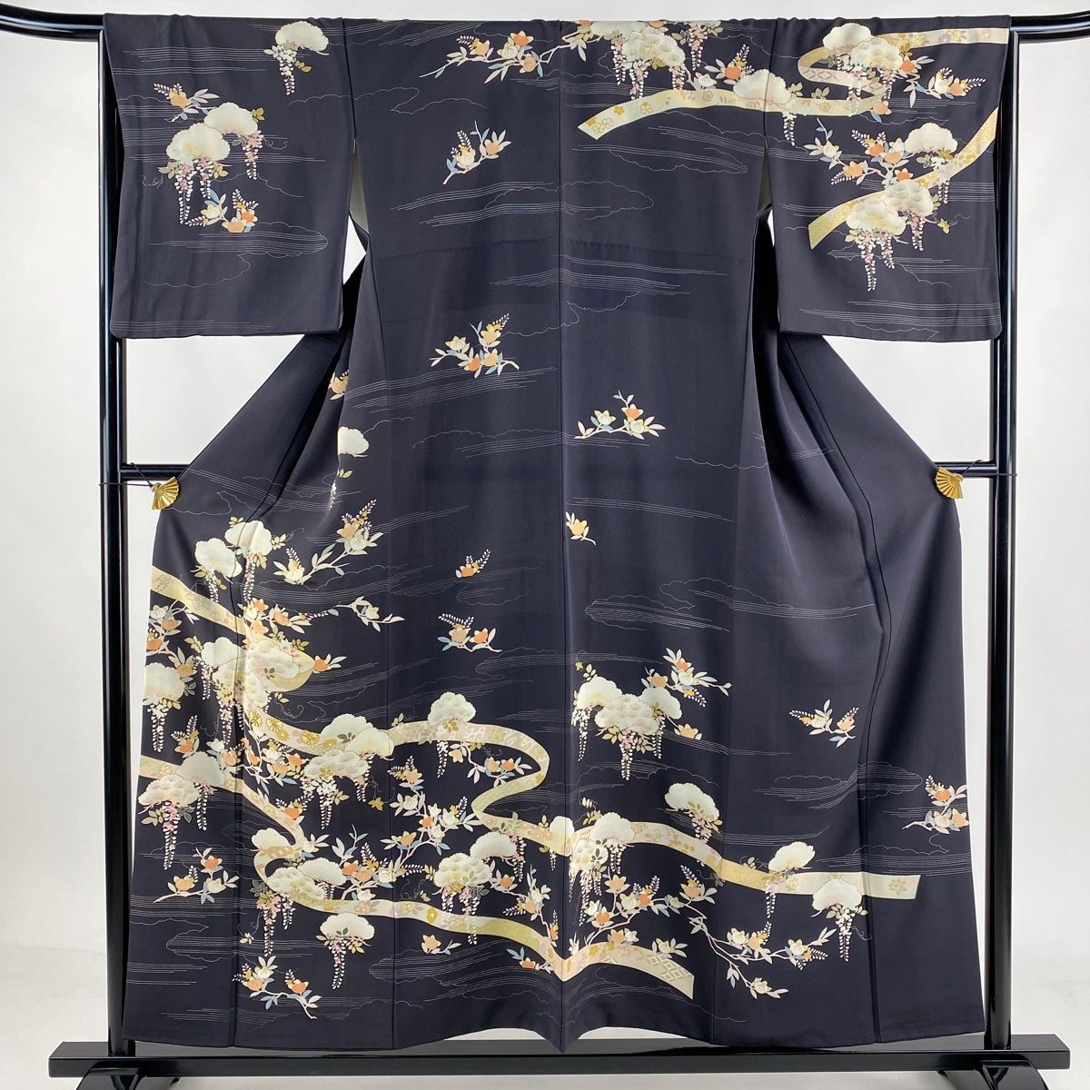 訪問着 身丈155cm 裄丈66cm M 袷 橘 松 金糸 金彩 墨色 正絹 名品