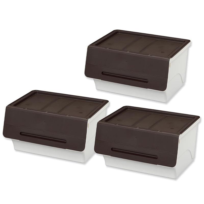 サンカ フロック 重ねて使える蓋付き衣装ケース ワイド ブラウン 3個組 おしゃれな大容量収納 引き出さずに使える前面開閉式 カパっとひらく固定できるフタ キャスター取り付け 日本製 衣類 収納ボックス 幅57×奥行46×高さ31cm froq f