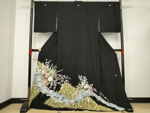 平和屋着物○十日町友禅作家 岡村蒼風 黒留袖 草花文 ロング丈 正絹