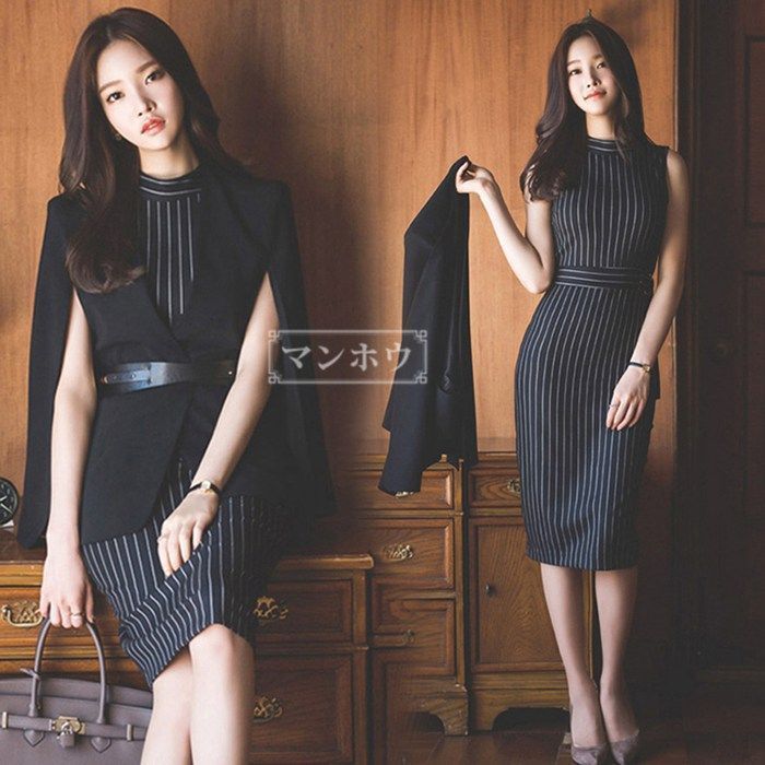 レディースファッション セットアップ 2点セット 上下セット オシャレ 着痩せ きれいめ 韓国風 ノースリーブ マント タイトワンピース ストライプ パーティー 演奏会 発表会 撮影用 lqjr01