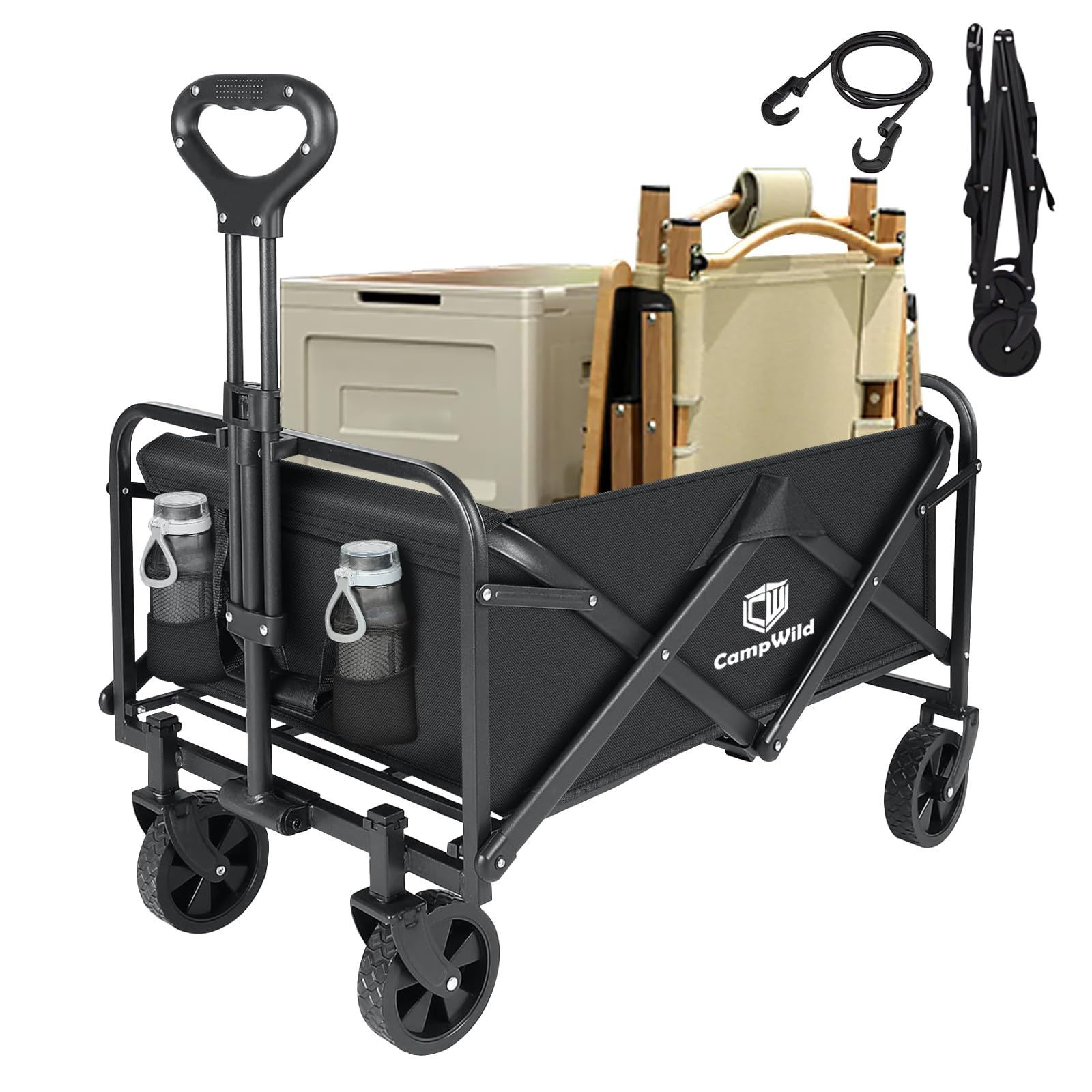 CampWild キャリーワゴン折りたたみ式キャリーカート アウトドア用キャリーワゴン 軽量 大容量100L 耐荷重100kg 収納ポケット付 コンパクト ワンタッチ 持ち運び便利