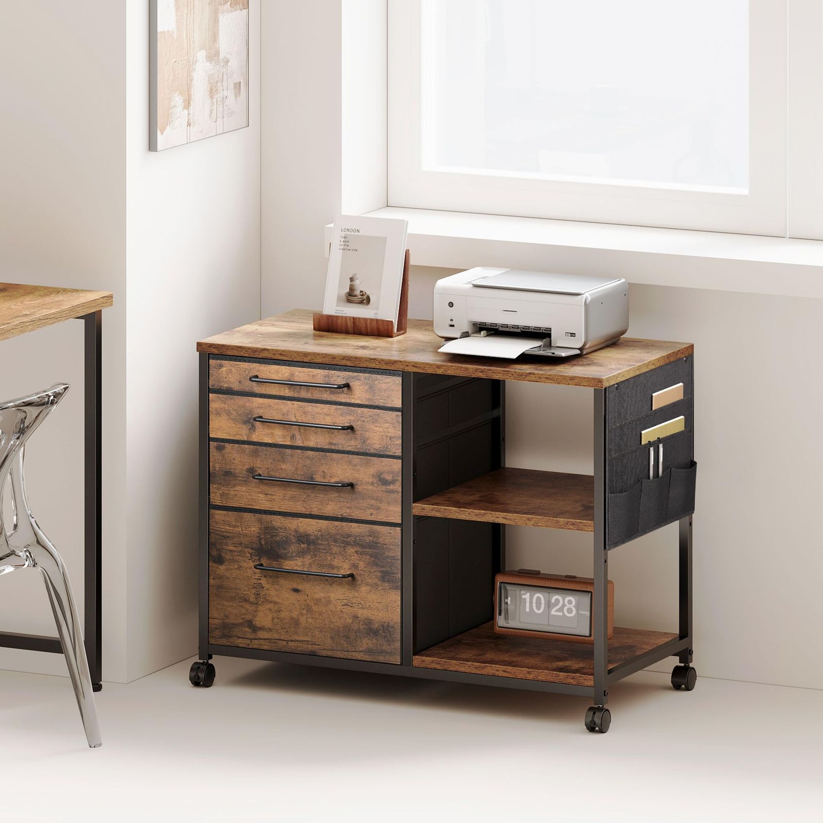 A4対応 オフィスワゴン プリンター台 4段 大容量 サイドワゴン 層板付き キャスター付き 袖机 デスク下収納 布製 幅750 奥行400 高さ650mm デスクワゴン ビンテージ サイドキャビネット
