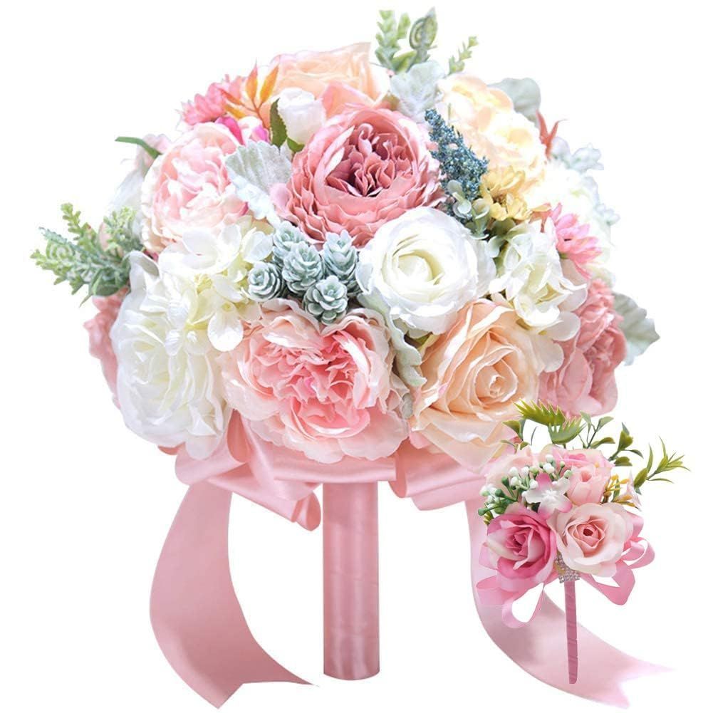 misakinoya ウエディングブーケ ブートニア 花嫁ブーケ ブライダルブーケ バラ 薔薇ローズ 花束 造花 欧米風 挙式 結婚式 パーティー ニ次会 撮影 (ピンク(大))