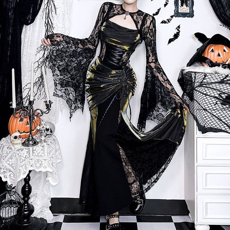 ダーク系 ハロウィン衣装 蝙蝠袖ケープ＆暗紋ゴールドプリントキャミドレス 2点セット カスタムデザイン 撞色切替 ロングドレス セクシーでスタイリッシュ 舞台衣装 パーティー用 イベント用 気品溢れるおすすめ
