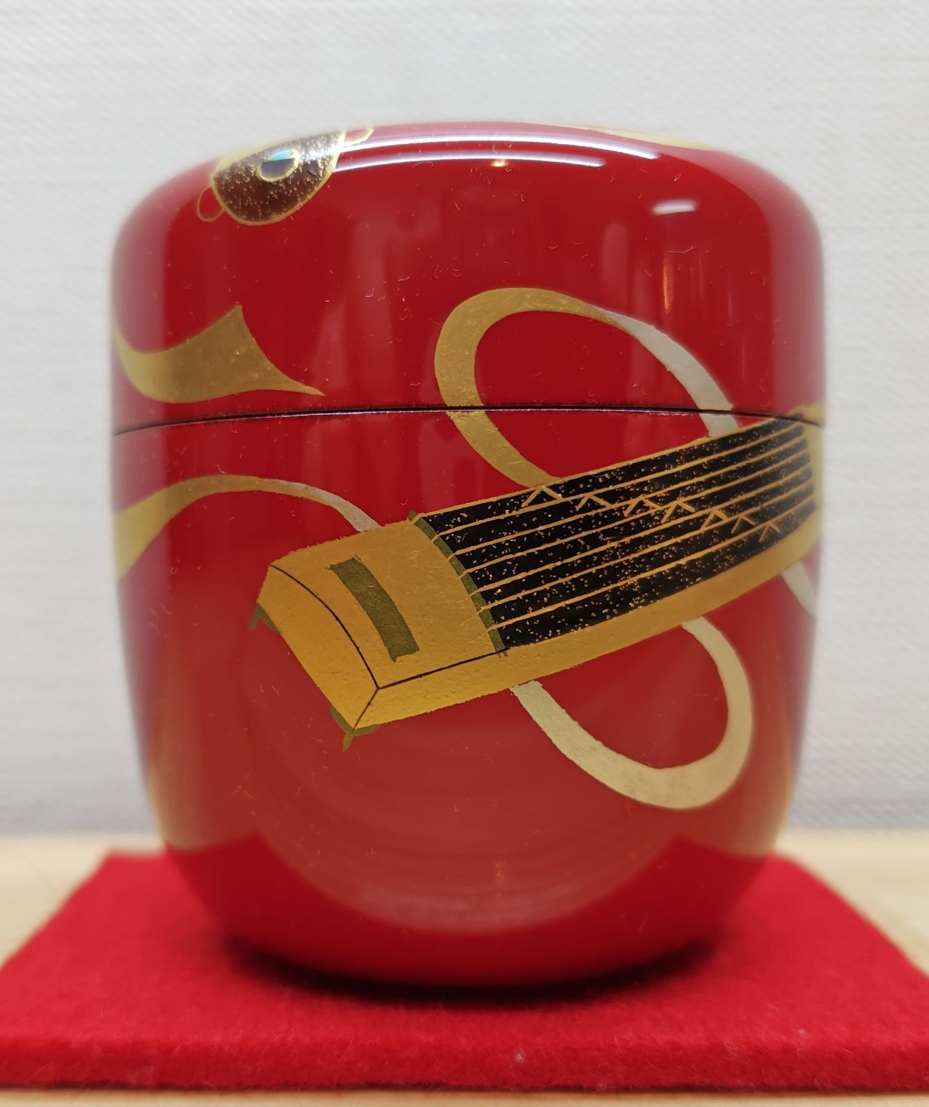 逢絢亭 茶道具 中棗 山中塗 朱塗 楽器蒔絵 中村湖彩 共箱入り