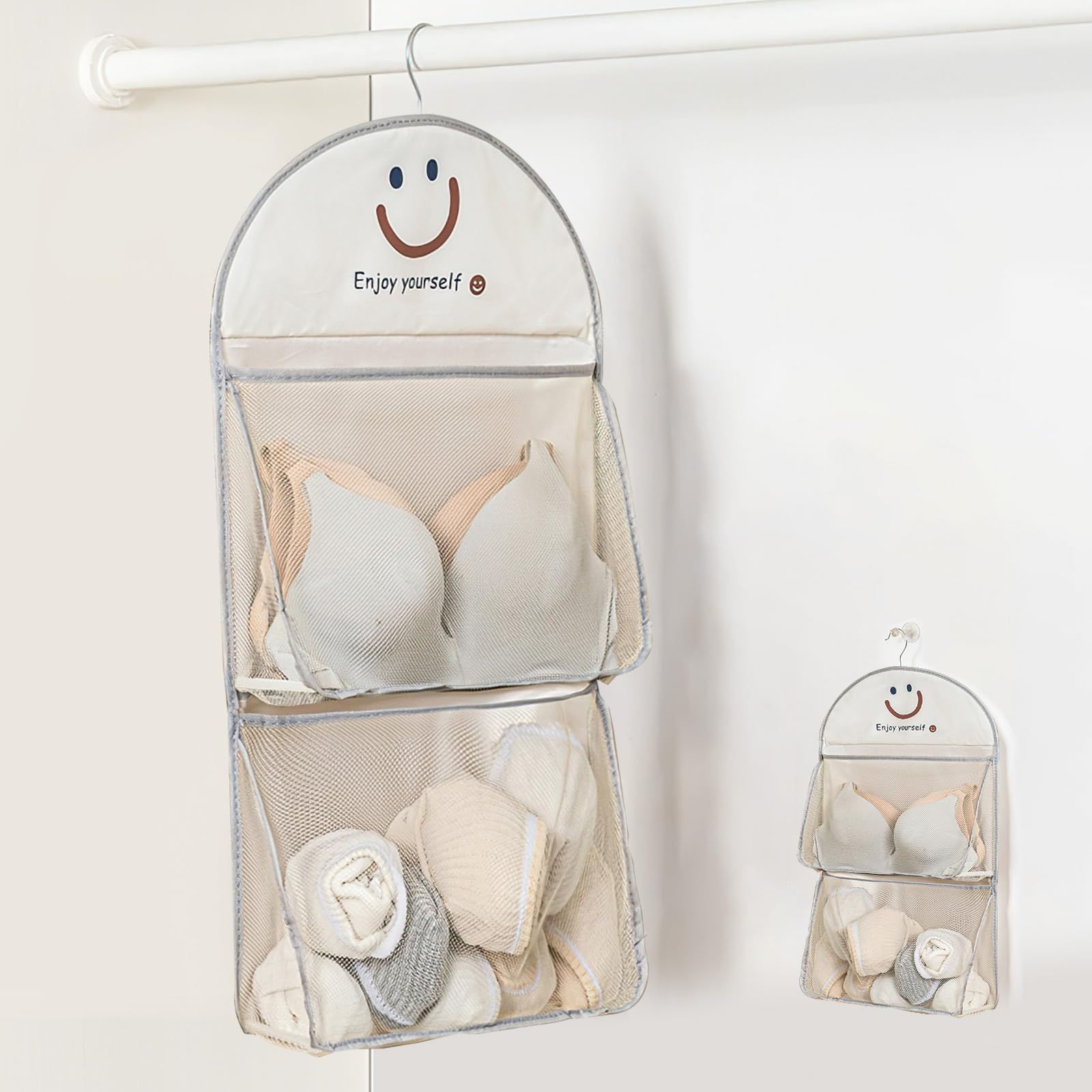 売切注意 お早めに 折りたたみ 回転 フック付き 壁掛け 省スペース ウォールポケット ウォールポケット 水洗い 2段 階層式収納バッグ 衣類 ネクタイ 靴下 笑顔柄 大容量 吊り下げ収納 クローゼット 収納 グレー 下着 下着収納 Swioled