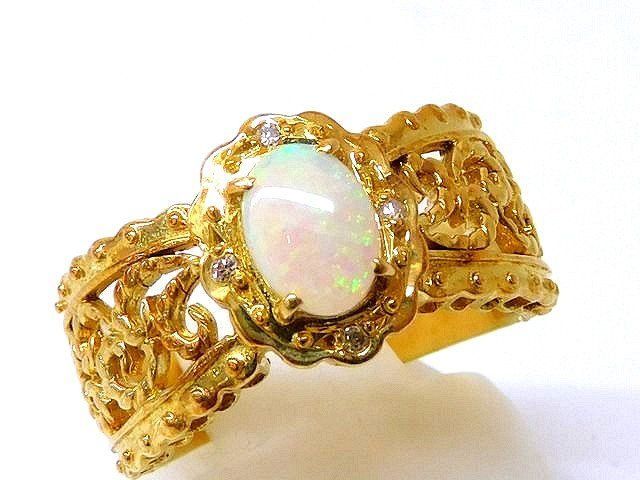 4 K18 YG イエローゴールド リング □ 12号 オパール 0.40ct ダイヤ