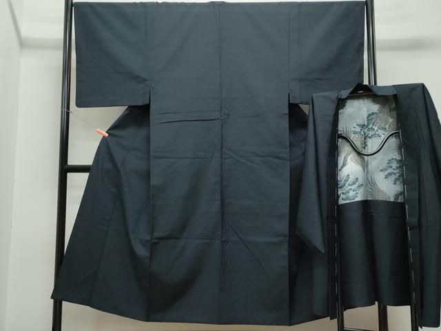 平和屋着物●男性 紬 アンサンブル 濃紺色 正絹 CAAR8137vf