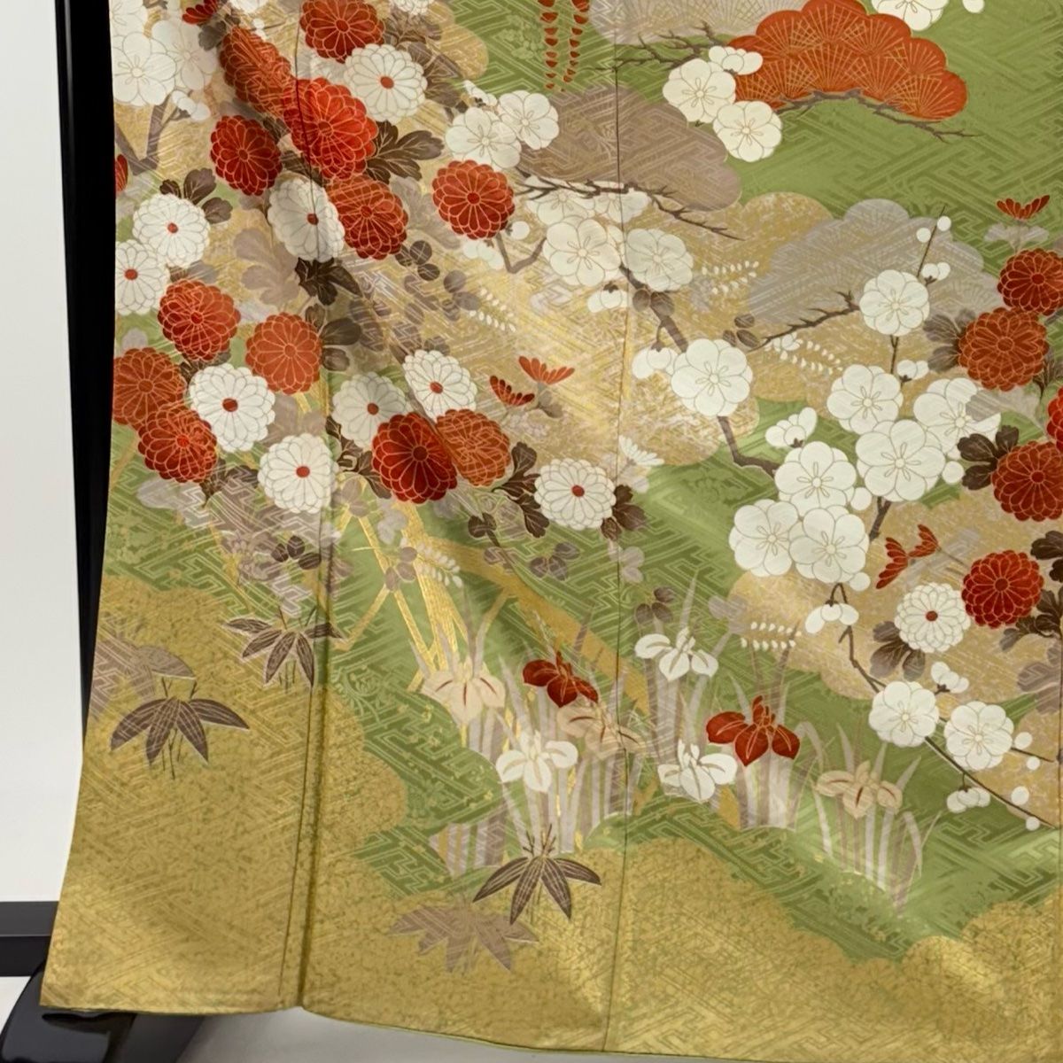振袖 身丈167cm 裄丈69.5cm L 袷 松竹梅 菊 金彩 薄緑 正絹 秀品