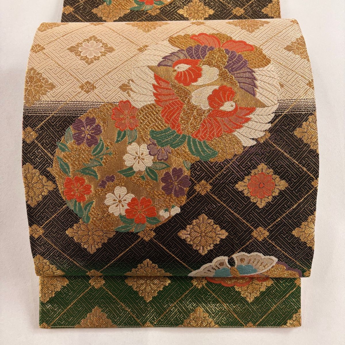 袋帯 高級 変わり織 すくい織 金糸 金ベージュ 流水 絹 新古品 kp1722 袋帯 高級 変わり織 すくい織 金糸 金ベージュ 流水 絹 新古品