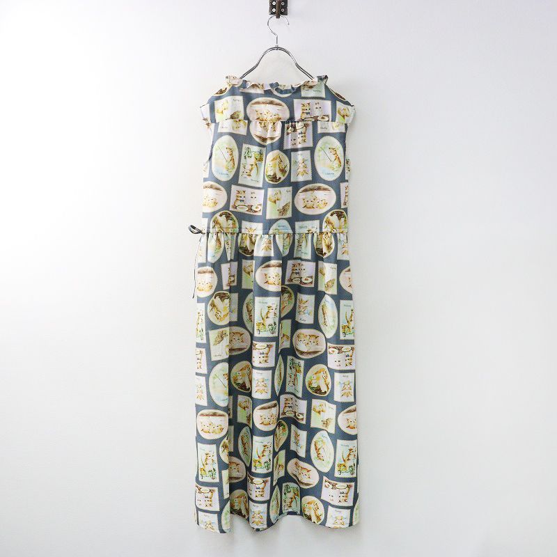 フランシュリッペ franche lippee Diary ダイアリーフリルノースリーブワンピース M ブルーグレー ドレス 猫