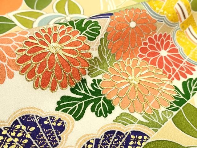 平和屋本店□極上 創業460年・千總 振袖 駒刺繍 檜扇橘花文 卵色