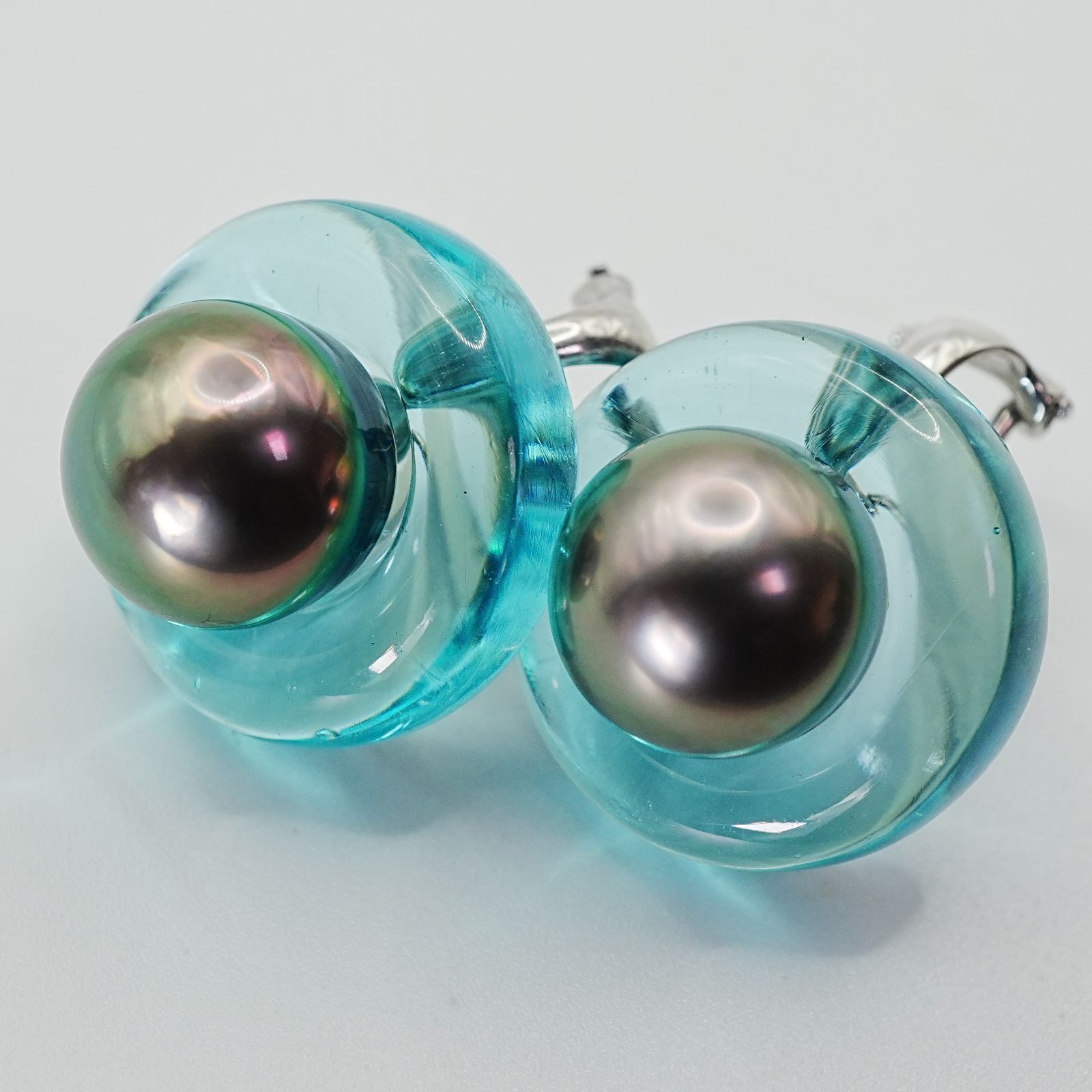 田崎真珠 黒蝶パール ラウンド ブルー シルバー イヤリング|25-1609S