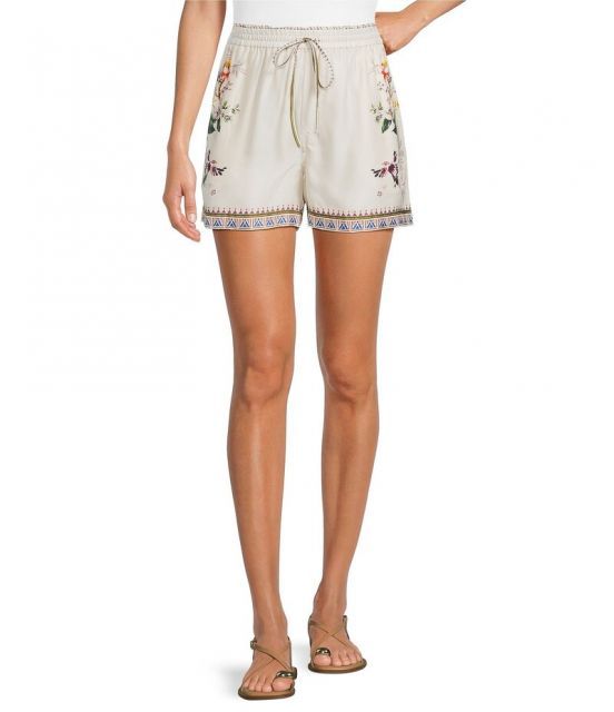 【送料無料】 ジョニーワズ レディース ハーフパンツ・ショーツ ボトムス Mayvis Floral Border Print Silk Blend Elastic Waist Drawstring Coordinating Shorts Willah