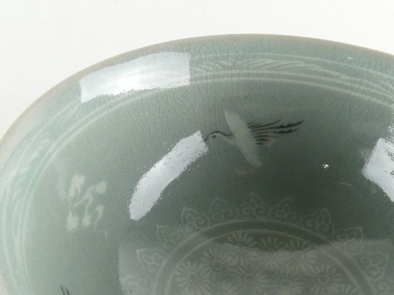 清宮】柳海剛(柳根瀅) 作 高麗青磁 雲鶴文 茶碗 共箱 高さ 約6.5