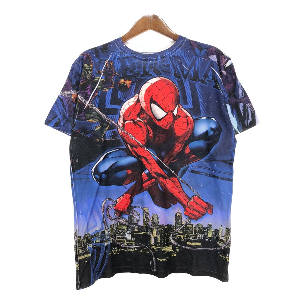 MARVEL マーベル スパイダーマン SPIDERMAN オールオーバープリント Ｔシャツ ムービー ブルー メンズ L 古着 U1664