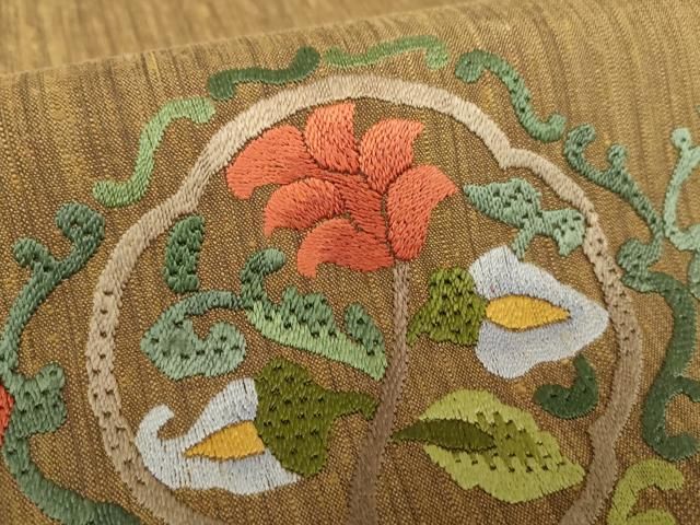 平和屋着物○九寸名古屋帯 紬地 絽刺し 総刺繍 花鳥更紗 金糸