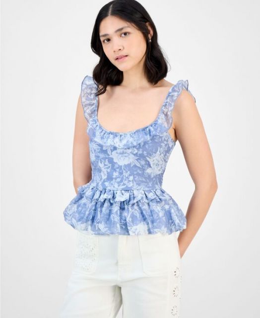 送料無料 アンドノウディス レディース シャツ トップス nd Now This Women s Ruffle-Strap Bubble-Hem Top P|XXS-XXL Blue Floral