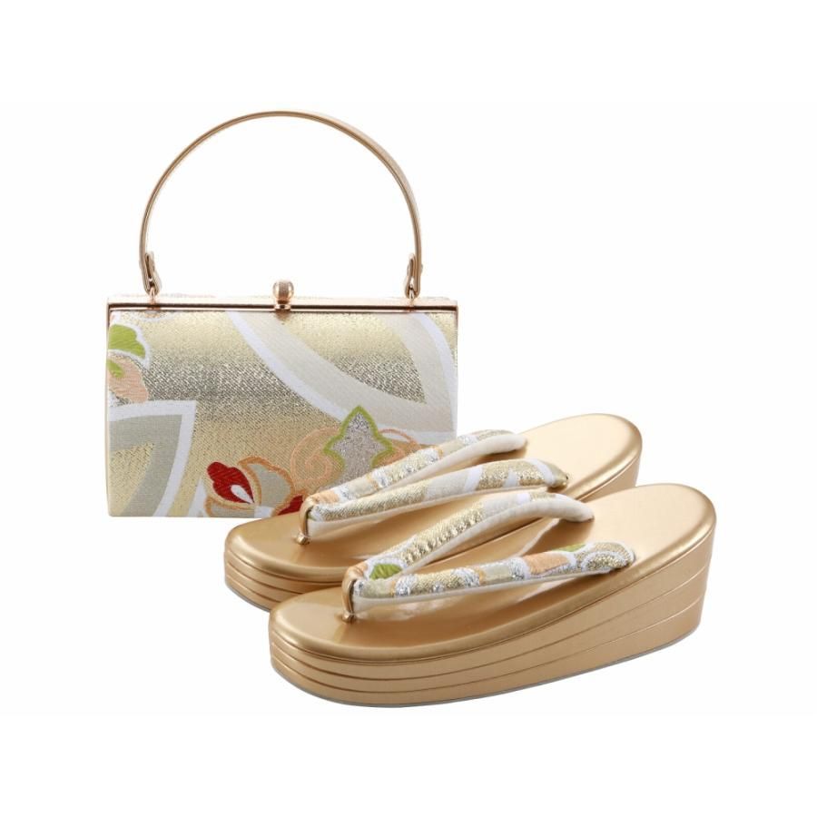 訳あり 振袖用 帯地 草履バッグセット 三枚芯 LLサイズ ゴールド系 bs-376-40