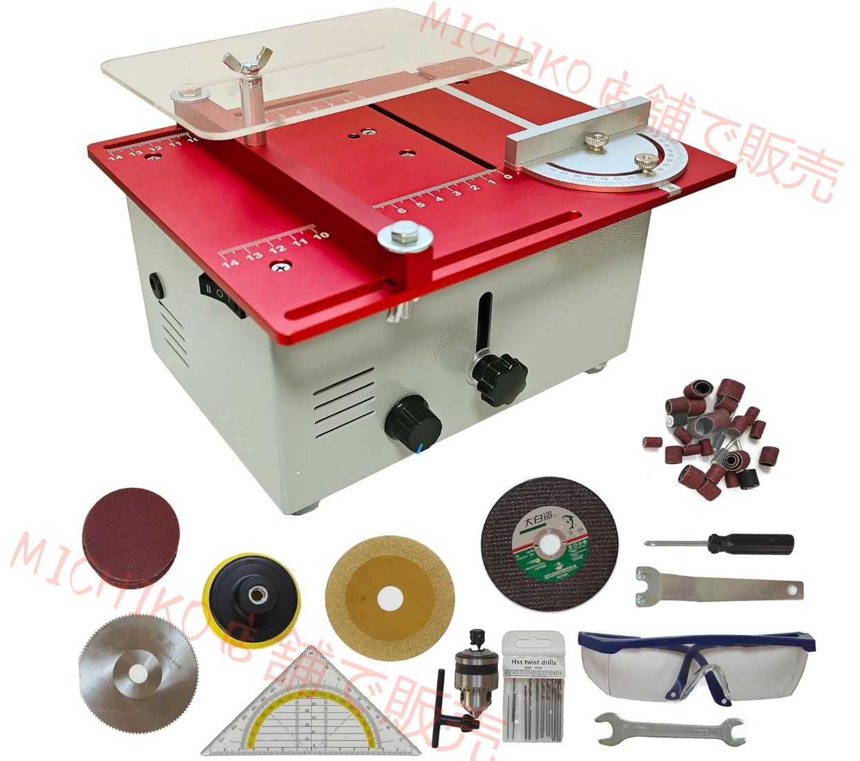 ミニテーブルソー 卓上丸鋸盤 360W 0-30mm 鋸刃昇降 0-90° 角度調節 無段変速 10000RPM ダブルモーター 鋸刃 4 枚付き 切断 研磨 彫刻に対応 DIY 家庭用 木工向け 小型コンパクト シルバー色 砥石切断機機能も備え