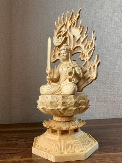 精密彫刻 不動明王 木彫 仏像 不動明王座像 檜木 高約28cm