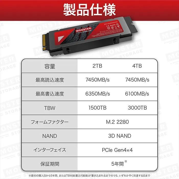 Monster Storage SSD 2TB NVMe PCIe Gen4 PS5確認済み ヒートシンク