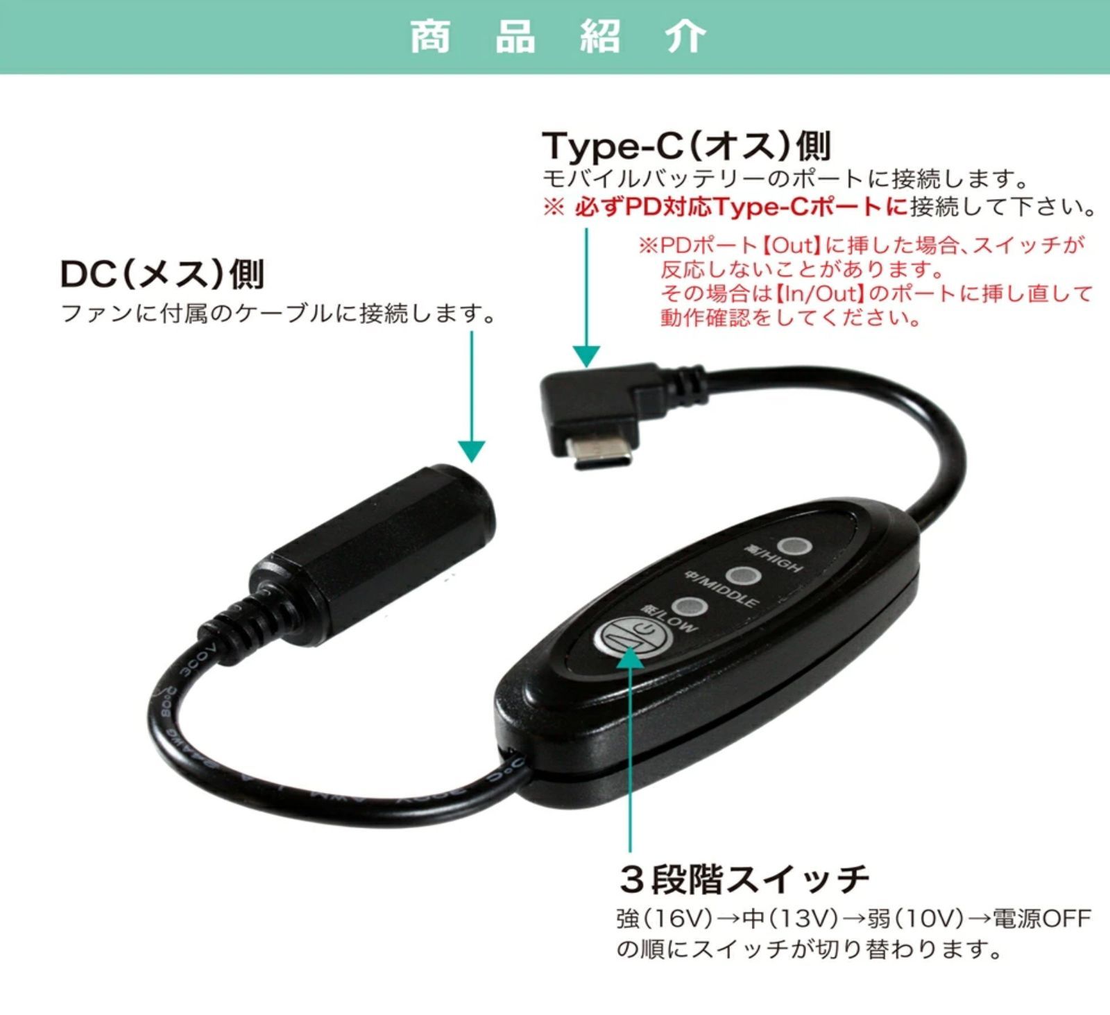 22.5W以上/PD対応バッテリー用】 ワークマン 18V 空調服ファン WZ4500 専用 タイプC 変換アダプター 最大出力16V 風量切替  10V 13V 市販のモバイルバッテリーで使える ファン付き作業服 変換ケーブル 昇圧アダプター 【16V-A】 - メルカリ