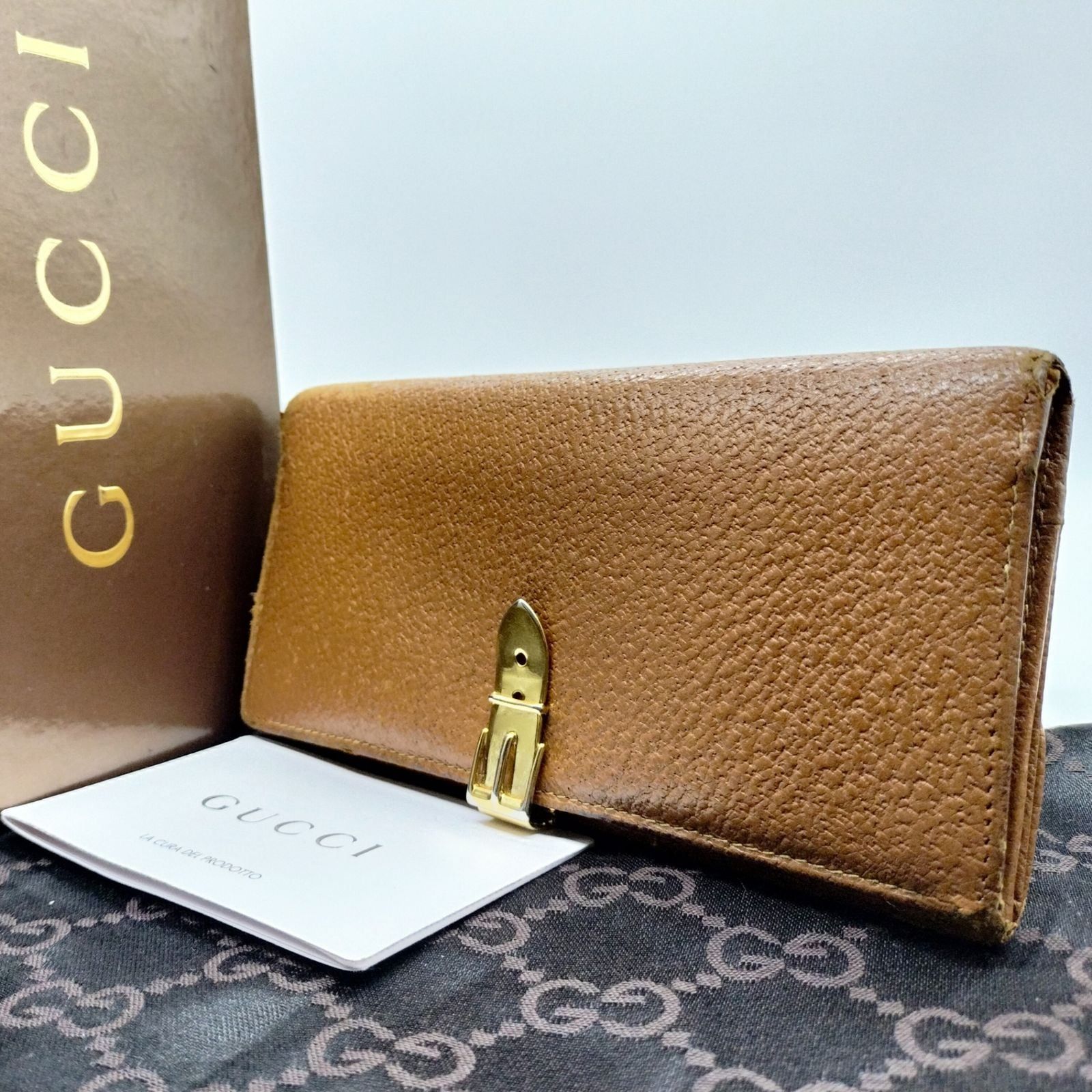 Gucci グッチ オールドグッチ 長財布 金金具 ベルト ゴールド ブラウン 
