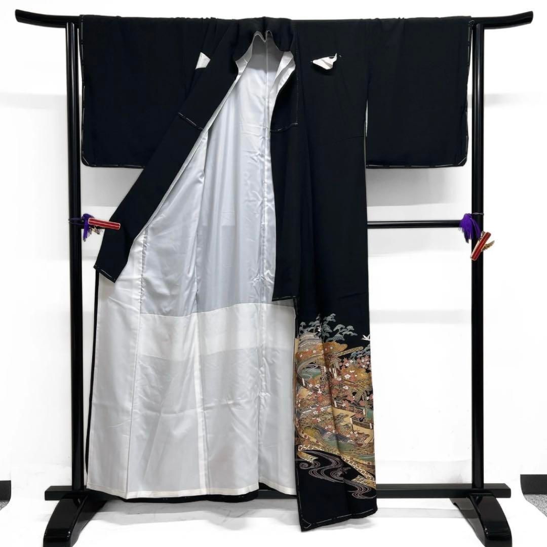 未着用 黒留袖 五つ紋 比翼付き 金彩 花 御所車 風景 着物 092a d