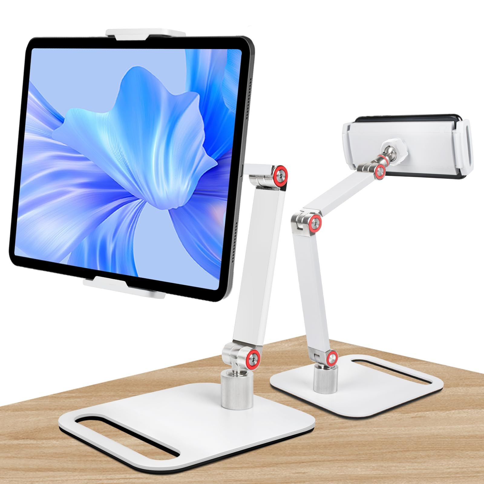 【人気商品】日本語取扱説明書【ホワイト】 Kindle多機種対応 Switch iPhone Air Mini Pro iPad for 折り畳み固定アーム 卓上 卓上 床置き 揺れない 横/縱/仰向け 360回転 4.715.6インチ ベッド用 アーム ス
