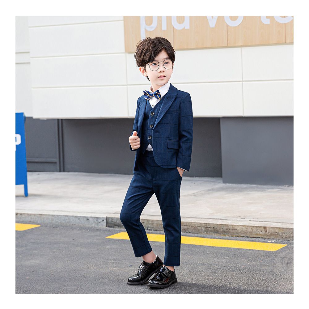 ネイビー  120CM  男の子スーツ フォーマル ５点セット pk20081 フォーマルスーツ 男の子 おしゃれ 男の子 5点セット 5点 フォーマル キッズスーツ 韓国子供服 スーツ チェック 紳士風 ジュニア 