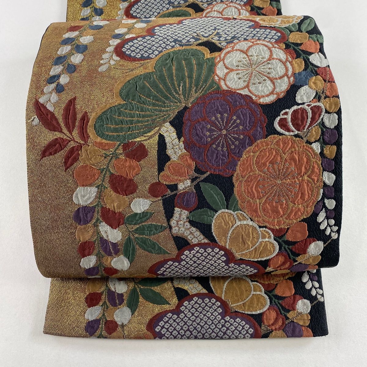 袋帯 美品 名品 じゅらく 落款 梅 笠松 金糸 箔 金色 六通 正絹