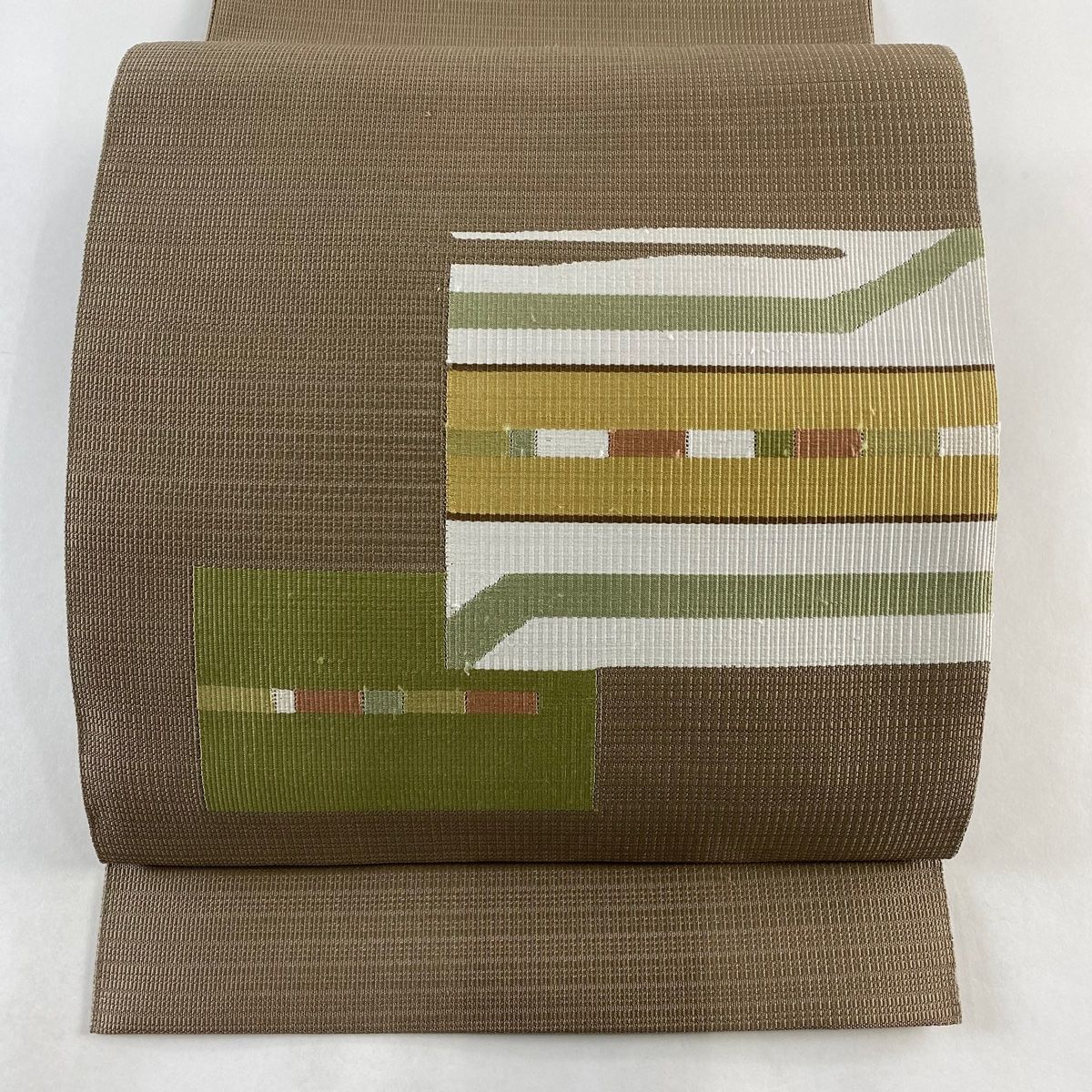 名古屋帯 美品 優品 八寸名古屋帯 松葉仕立て 幾何学 灰茶 正絹 【中古