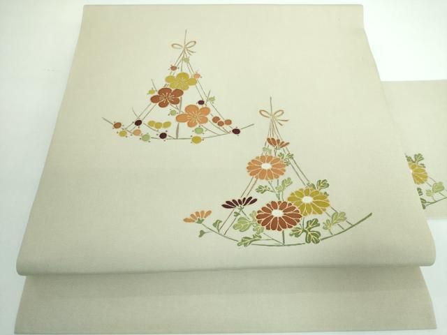 平和屋本店■極上　銀座　志ま亀　塩瀬　九寸名古屋帯　梅菊　網干　油色地　金彩　たとう紙付き　逸品　DZAA5477kh5 平和屋本店□極上 銀座 志ま亀 塩瀬 九寸名古屋帯 梅菊 網干 油色地