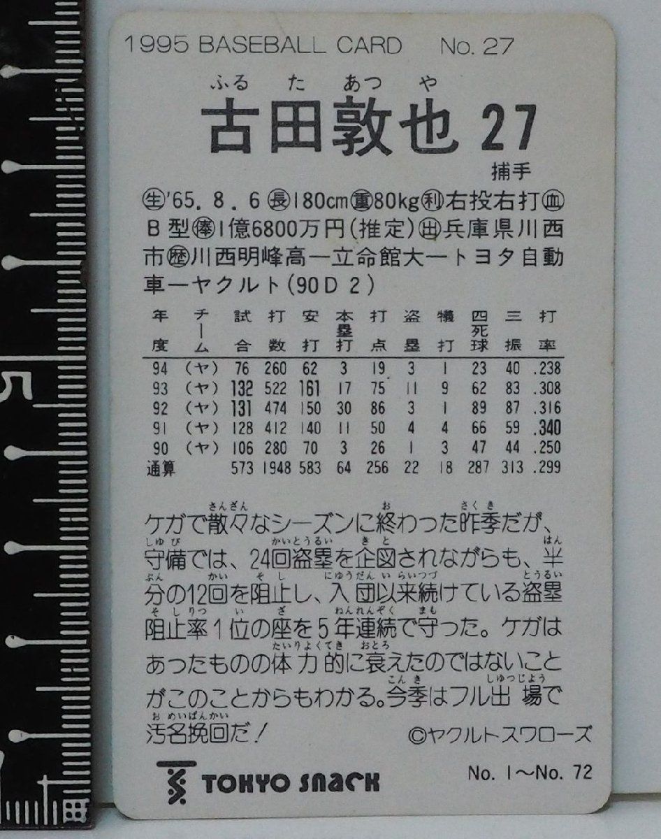 レア　未開封　プロ野球カードゲーム 1996年 ヤクルト　古田敦也　１箱　未開封 95年カルビー東京スナック プロ野球カードNo.27【古田 敦也 捕手