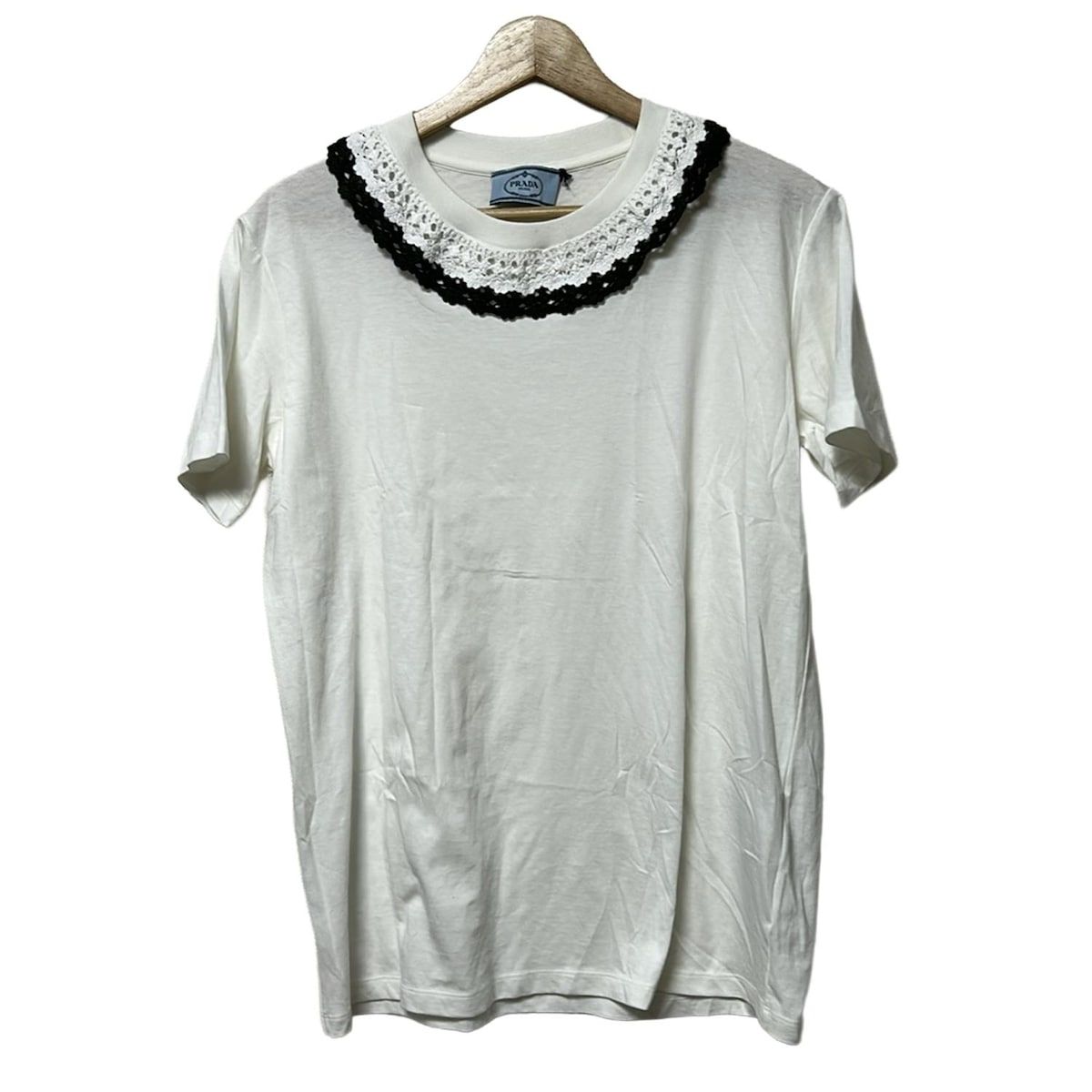 PRADA プラダ 半袖Tシャツ サイズM レディース - 白×カーキ クルーネック|レース|2017年