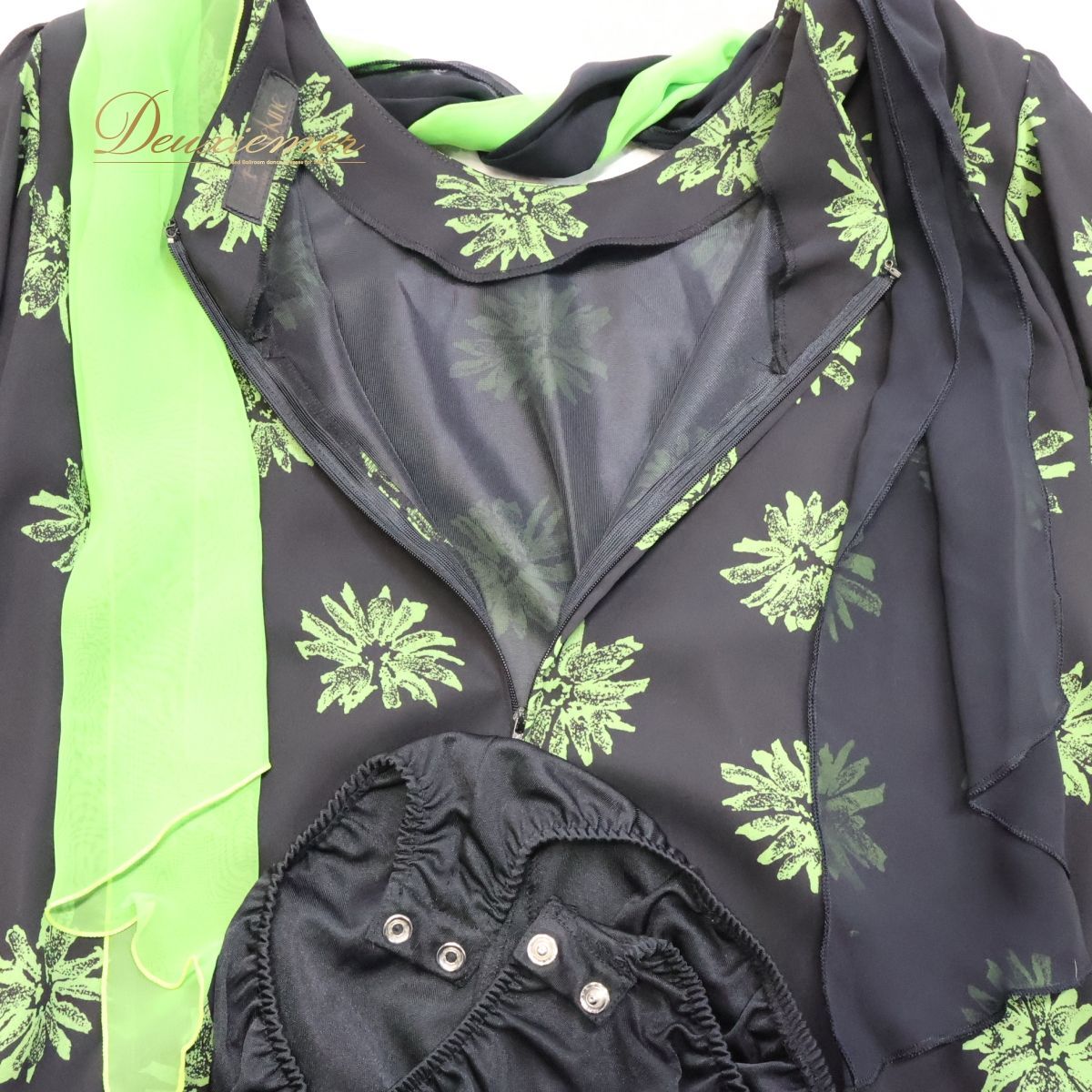 社交ダンス 衣装 ツーピース ワンピース ドレス セキネ 黒 黄緑色 M 花柄 上下セット レッスン 練習着 日本製 sekine ブラック系 グリーン系 おしゃれ フレアスカート 発表会 フォーマル かわいい レディース ドレスアップ 社交ダンス 衣装 ツーピース ワンピース ドレス セキネ 黒 黄