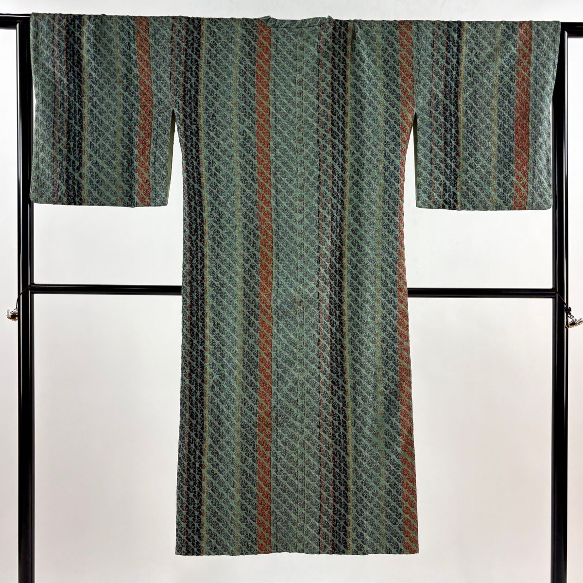 道行 身丈131cm 裄丈65cm M 和装コート 紬地 縞 幾何学模様 絞り 灰緑 正絹 名品