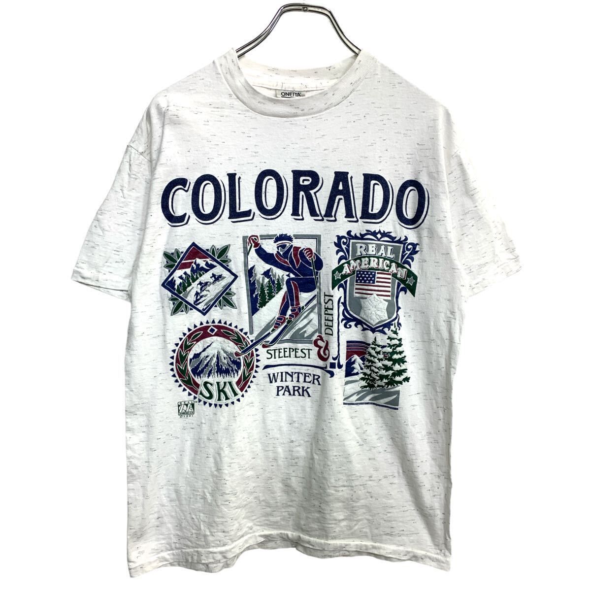ONEITA 半袖 プリント Tシャツ Mサイズ オニータ シングルステッチ ホワイト コットン USA製 古着卸 アメリカ仕入 t2408-3272