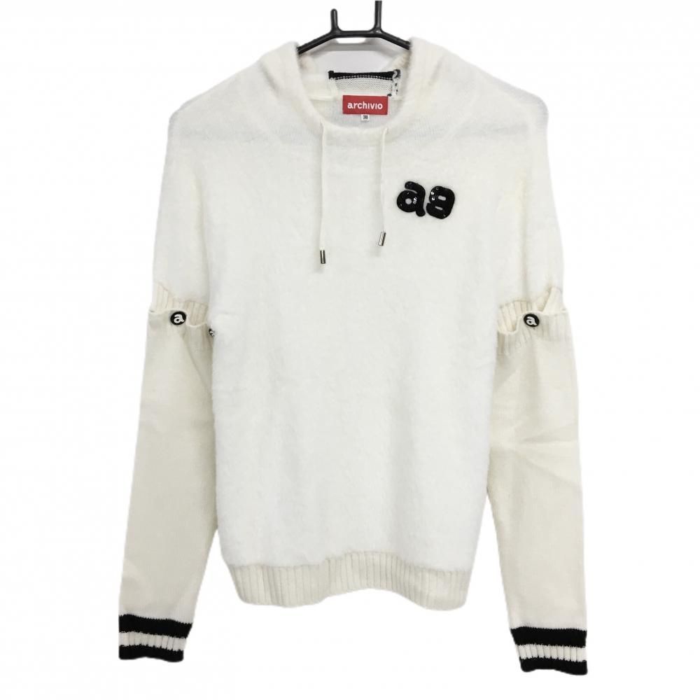 超 アルチビオ 2WAYセーター 白 シャギーニット 袖着脱可 フード付 ウール混 レディース 38 M ゴルフウェア archivio