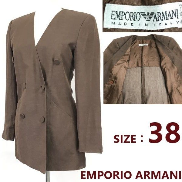 イタリア製 EMPORIO ARMANI|アルマーニ 薄手|春夏|ダブルブレスト|ブレザージャケット 38|レディースM|茶 薄手|Jacket|Jumper◆cBH967