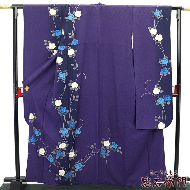 振袖 長襦袢 2点 セット 正絹 成人式 紫 モダン 花柄 落款 身丈165cm 裄丈66.5cm 作家物 M～Lサイズ相当