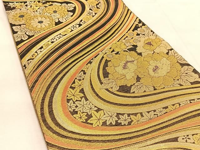 袋帯 正絹 金糸銀糸 黒地 菊に花 六通 U-4804 袋帯 正絹 金糸銀糸 黒地 菊に花 六通 U-4804