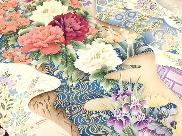 豪華振袖　作家物　絞り　舞花文　暈し染　金彩　着丈167.5cm　正絹 平和屋着物□豪華振袖 作家物 駒刺繍 鴛鴦花文 暈し染め 金彩