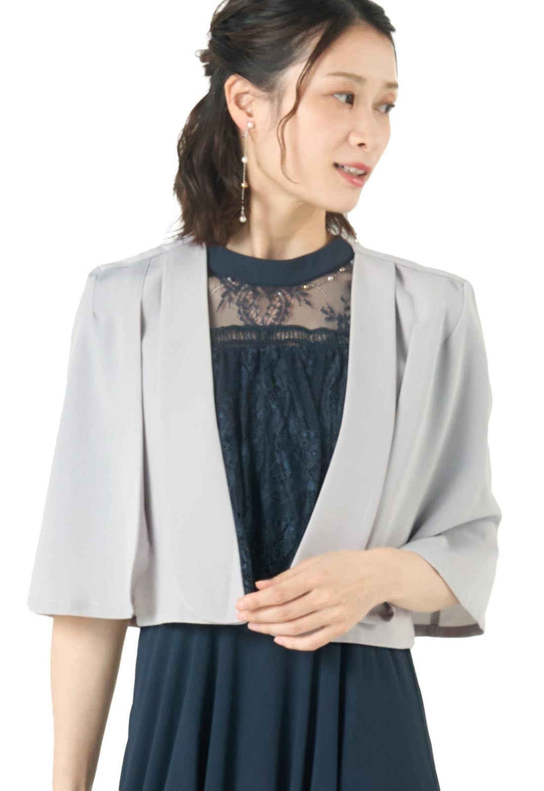 [アウニイ] 結婚式 ノーカラージャケット レディース パーティー ボレロ ジャケット マント 袖口 フォーマル ジャレロ カーディガン 羽織り 体型カバー 709 (グレー 4L) [A グレー] [4L]