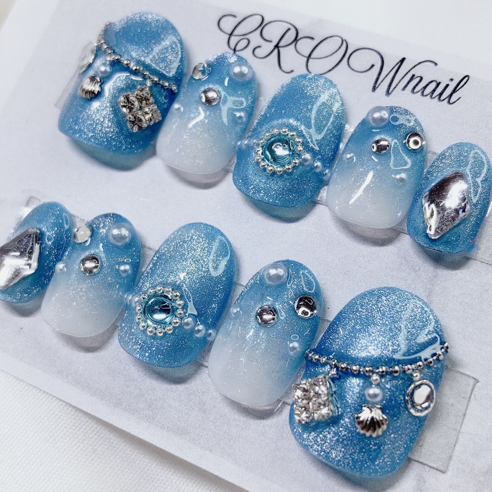 ネイルチップ現品 韓国 ワンホン 量産型 青 水色 マグネットネイル 夏