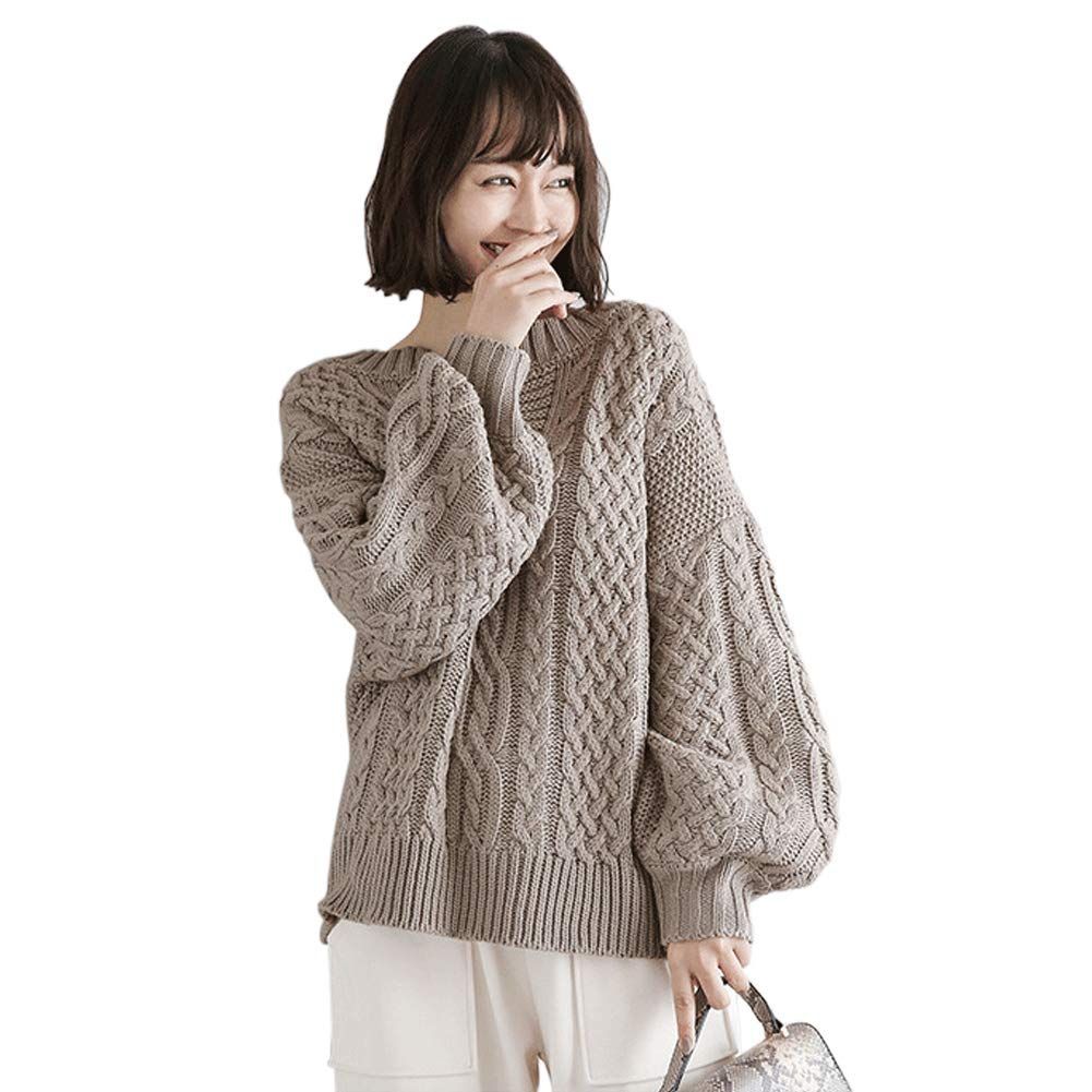 【数量限定】長袖 キーネック トップス ケーブル編み レディース ニット ブルオーバー ニットセーター ぽリューム袖 Vネック 大人 可愛い [AILITI] 秋冬春