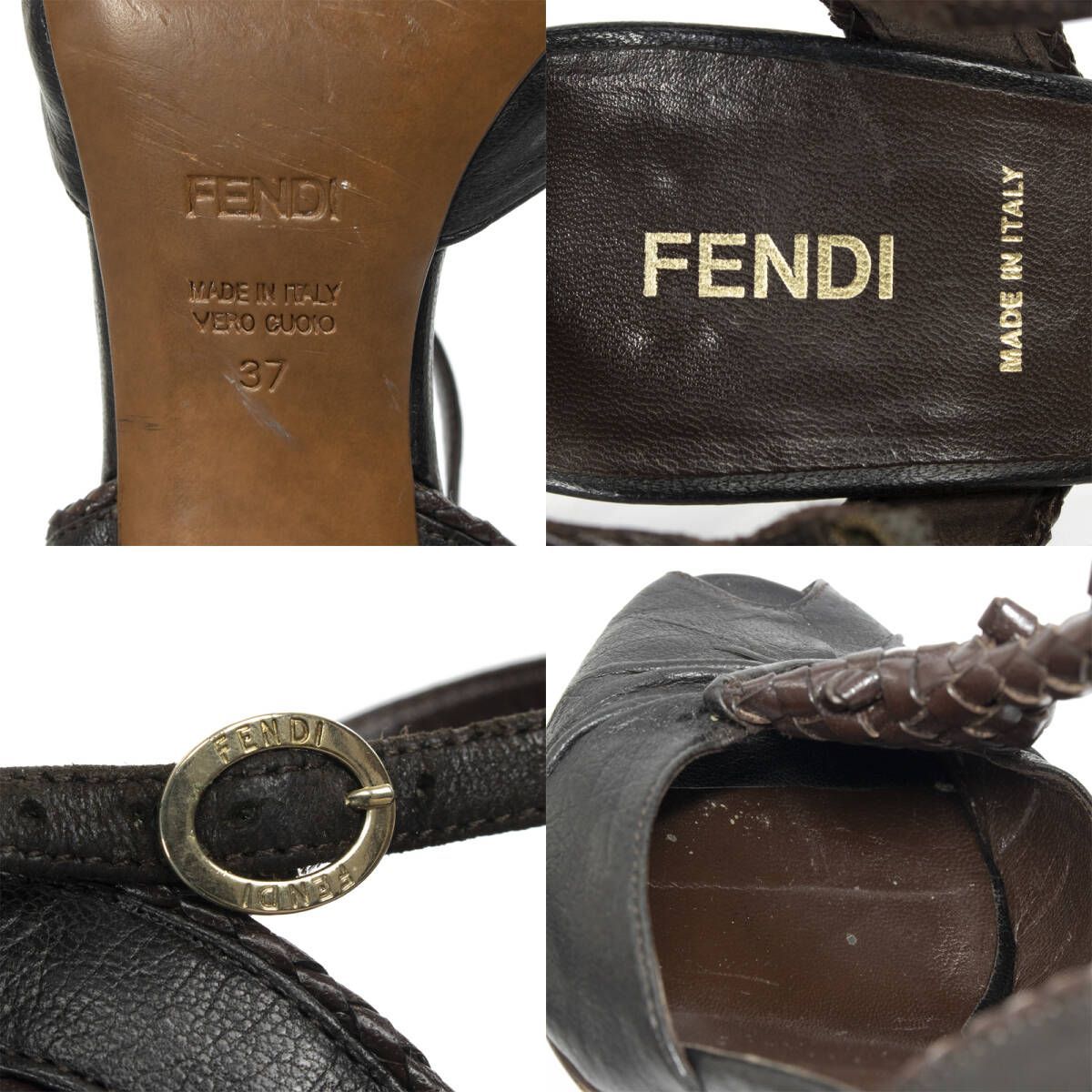 FENDI フェンディ ハイヒール 24.0cm 正規品 レザー ランプブラック アンクルストラップ パンプス レディース 女性 ダークブラウン