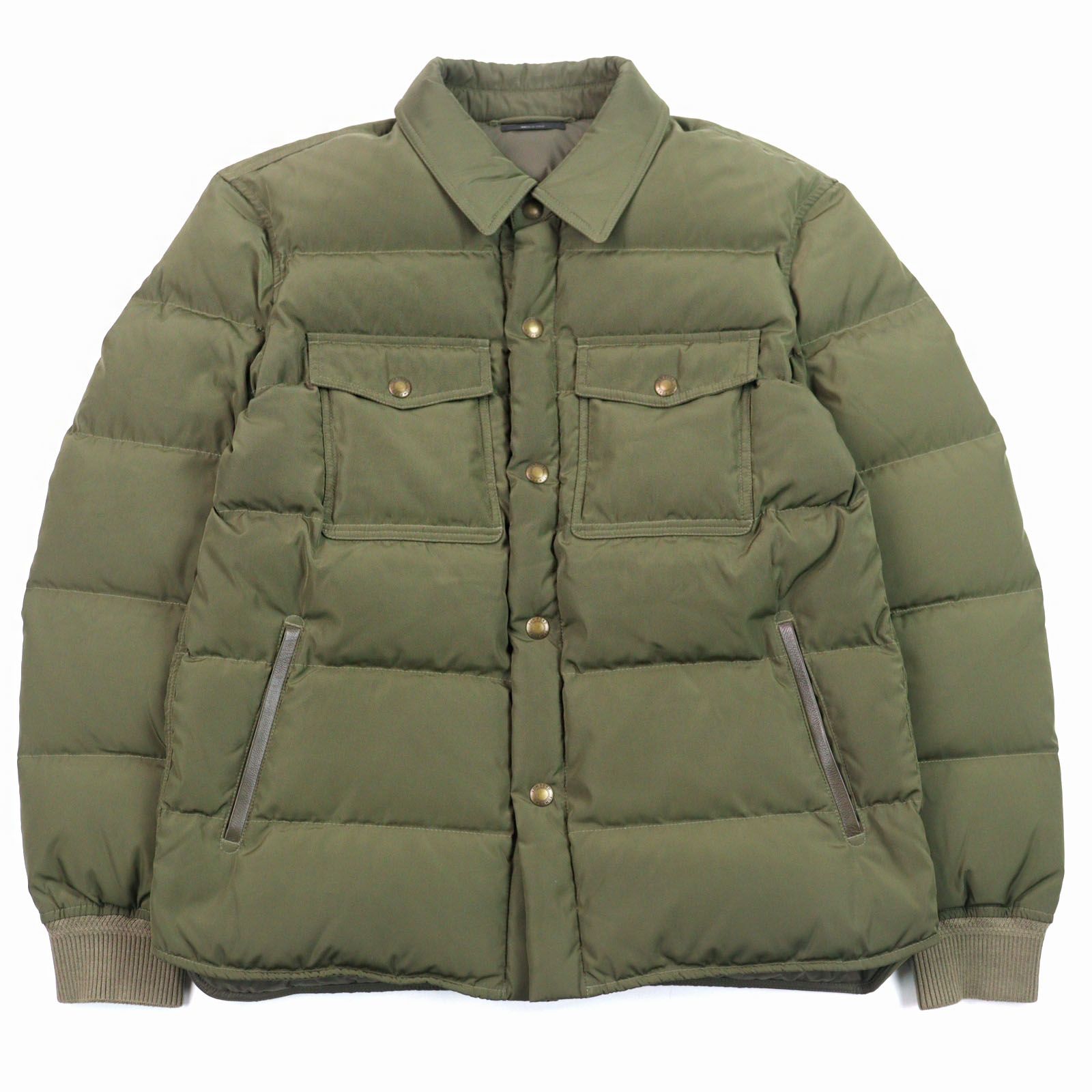 ○TOM FORD トムフォード OBD002 Techno Ottoman Padded Jacket ロゴボタン レザー使い フラップポケット付き レギュラー ダウンジャケット カーキグリーン 50 イタリア製 メンズ