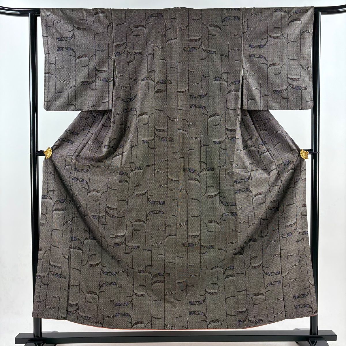 美品】 紬 身丈155cm 裄丈63cm S 袷 草花 幾何学模様 焦茶色